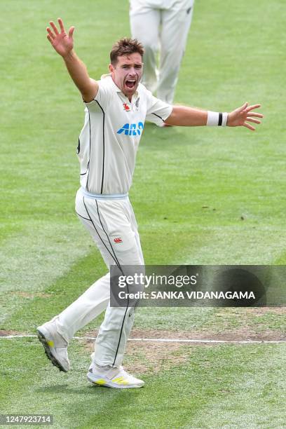 New Zealand's Tim Southee appeals for a leg before wicket decision against Sri Lanka's Kusal Mendis during the first day of the first Test cricket...