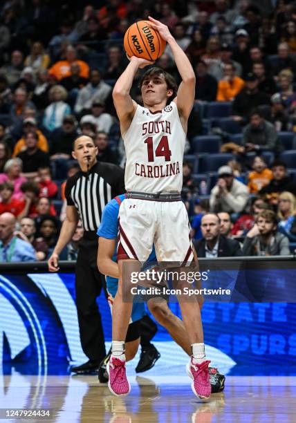 South Carolina Gamecocks guard Eli Sparkman takes a shot during an SEC Mens Basketball Tournament game between the Mississippi Rebels and the South...