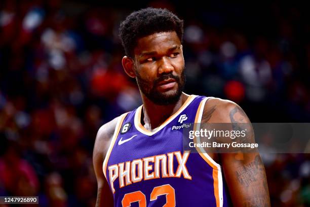 Deandre Ayton of the Phoenix Suns looks on during the game against the Oklahoma City Thunder on March 8, 2023 at Footprint Center in Phoenix,...