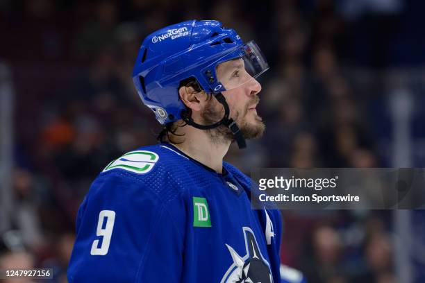 Vancouver Canucks center J.T. Miller waits for a face-off during their NHL game against the Anaheim Ducks at Rogers Arena on March 8, 2023 in...