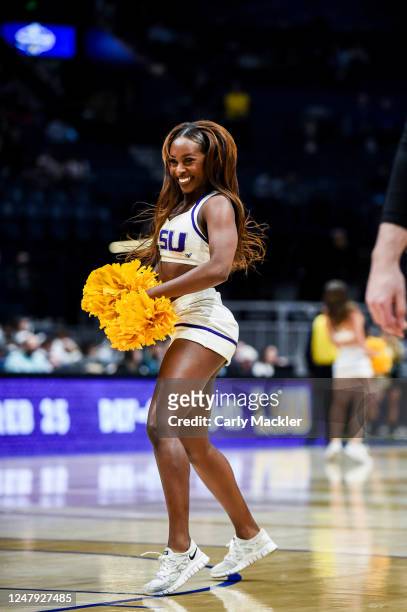Tigers cheerleader performs during a timeout during the second half against the Georgia Bulldogs during the first round of the 2023 SEC Men's...