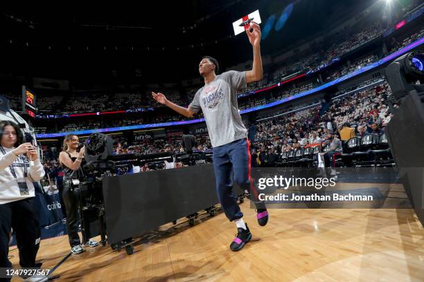 Trey Murphy III of the New Orleans Pelicans is introduced before the game against the Dallas Mavericks on March 8, 2023 at Smoothie King Center in...