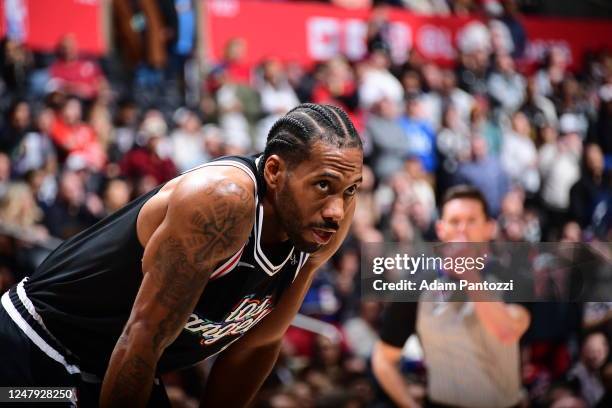 Kawhi Leonard of the LA Clippers looks on during the game against the Toronto Raptors on March 8, 2023 at Crypto.Com Arena in Los Angeles,...