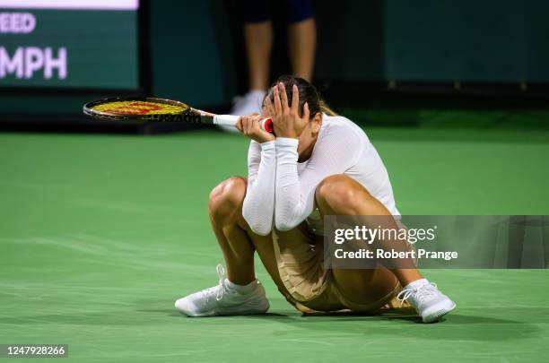 Marta Kostyuk of Ukraine reacts frustrated after losing a point against Rebecca Peterson of Sweden during her first-round match on Day 3 of the 2023...