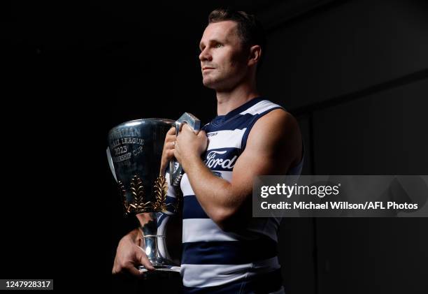 Patrick Dangerfield of the Cats is seen with the Premiership Cup during the 2023 AFL Captains Day at Marvel Stadium on March 09, 2023 in Melbourne,...