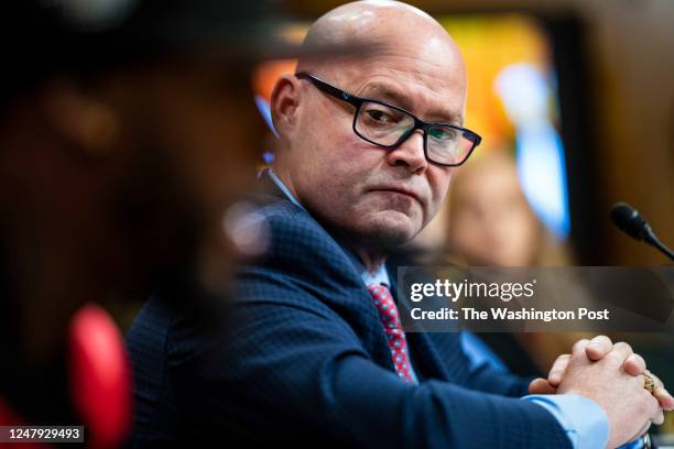 Washington, DC Sean O'Brien, International Brotherhood of Teamsters, listens to Christian Smalls, president of the Amazon Labor Union, testify during...