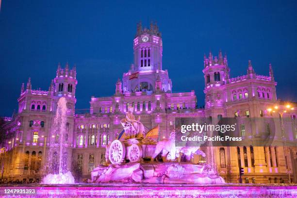 Cibeles fountain and Madrid's city hall are illuminated in purple as part of the demonstration for the international working women's day 8M. Hundreds...