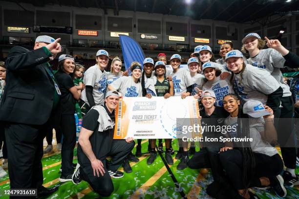 The Sacramento State Hornets pose for a team photo after winning the Womens Big Sky Championship game between the Sacramento State Hornets and the...