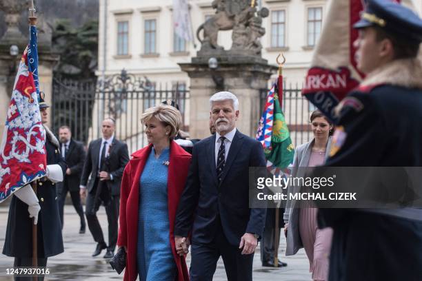 New elected Czech President Petr Pavel and his wife Eva arrive at the Prague Castle for his presidential inauguration ceremony on March 9, 2023 in...