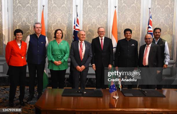 Australian Prime Minister Anthony Albanese and Indian Minister of Commerce and Industry Piyush Goyal pose for a photo during an agreement signing...