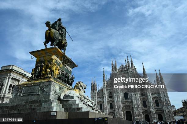 View shows the equestrian statue of Vittorio Emanuele II in Piazza Duomo on March 9, 2023 in Milan, after it was smeared with washable paint by...