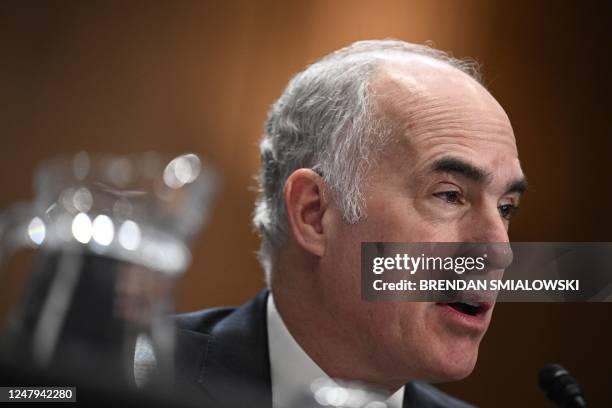 Senator Robert Casey speaks during a US Senate Committee on Environment and Public Works hearing on the environmental and public health threats from...