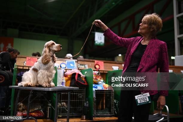 Woman stands with her Cocker Spaniel dog before being judged on the first day of the Crufts dog show at the National Exhibition Centre in Birmingham,...