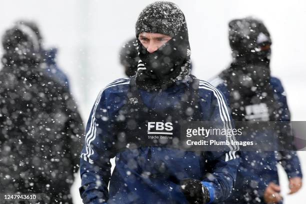 James Maddison of Leicester City trains in the snow during the Leicester City training session at Leicester City Training Ground, Seagrave on March...