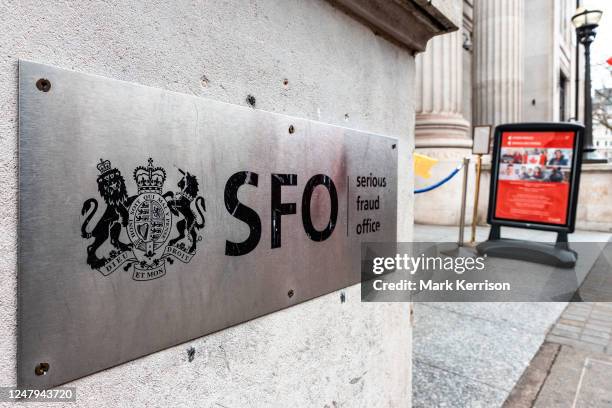 Sign on the exterior of the Serious Fraud Office is pictured on 7 March 2023 in London, United Kingdom. The SFO is a specialist prosecuting authority...