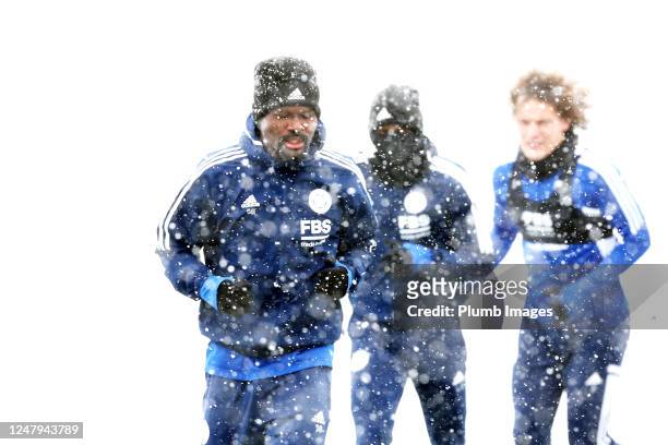 Daniel Amartey of Leicester City trains in the snow during the Leicester City training session at Leicester City Training Ground, Seagrave on March...