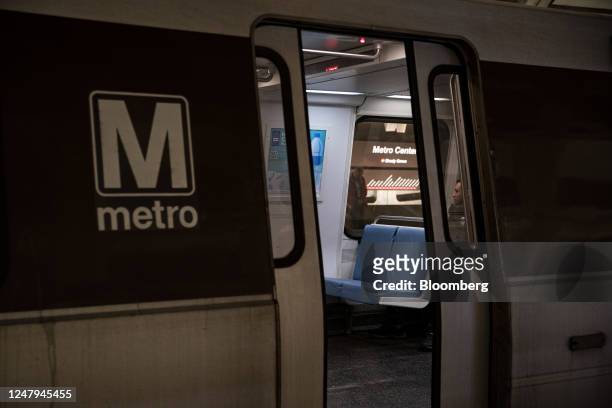 Empty seats on a red line Metro train at the Metro Center station in Washington, DC, US, on Friday, Feb. 24, 2023. The capital citys main business...