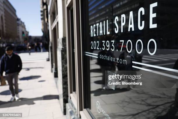 Retail space sign at a building in Washington, DC, US, on Tuesday, March 7, 2023. The capital city's main business district remains strangely...