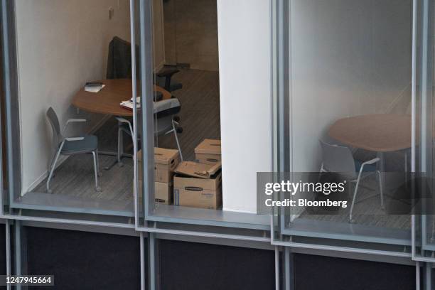 Boxes in an office building in Washington, DC, US, on Wednesday, Feb. 22, 2023. The capital citys main business district remains strangely desolate...