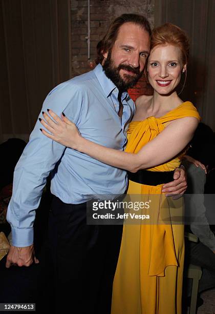 Actor Ralph Fiennes and Actress Jessica Chastain attend the "Coriolanus" dinner hosted by GREY GOOSE Vodka at Soho House Pop Up Club during the 2011...