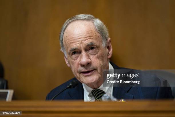 Senator Tom Carper, a Democrat from Delaware and chairman of the Senate Environment and Public Works Committee, speaks during a hearing in...