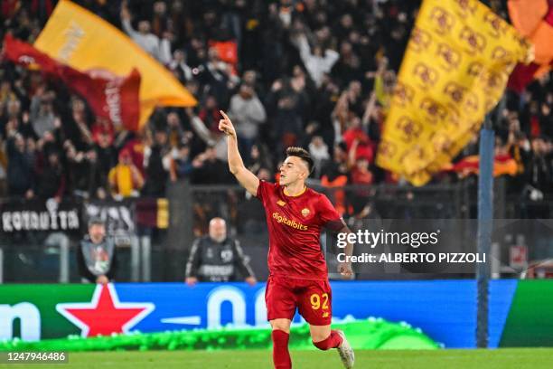 Roma's Italian forward Stephan El Shaarawy celebrates after opening the scoring during the UEFA Europa League round of 16 first leg football match...