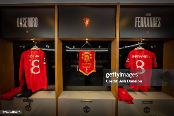 General View of the match pennant and kit in the home dressing room prior to the UEFA Europa League round of 16 leg one match between Manchester...