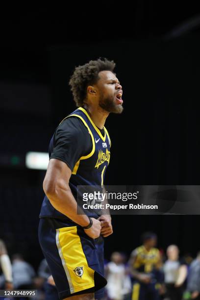 Fort Wayne, IN Justin Anderson of the Fort Wayne Mad Ants celebrating his basket against the Motor City Cruise at Allen County War Memorial Coliseum...