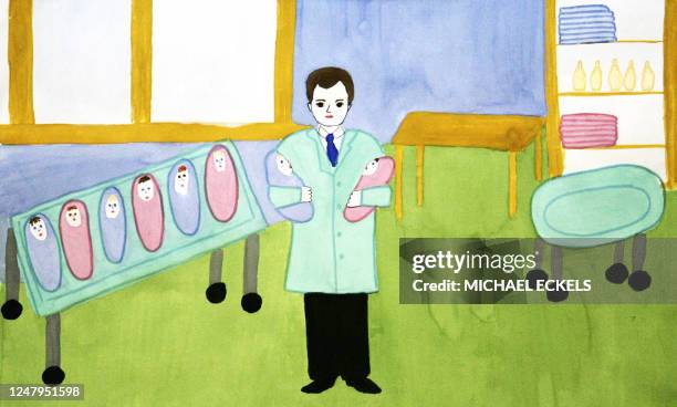 Child's drawing of Russia's likely next president Dmitry Medvedev shows Medvedev wolding two swaddled babies in a maternity ward in Moscow on...