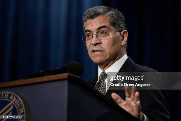 Secretary of the Department of Health and Human Services Xavier Becerra speaks during a news conference at HHS headquarters March 9, 2023 in...