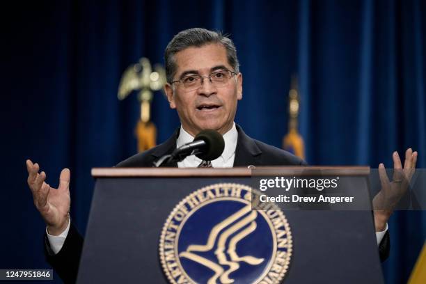 Secretary of the Department of Health and Human Services Xavier Becerra speaks during a news conference at HHS headquarters March 9, 2023 in...