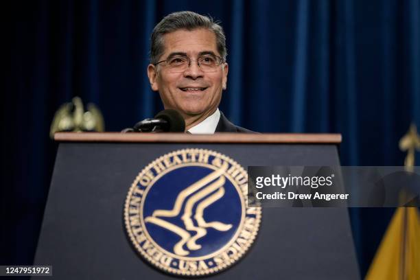 Secretary of the Department of Health and Human Services Xavier Becerra speaks during a news conference at HHS headquarters March 9, 2023 in...