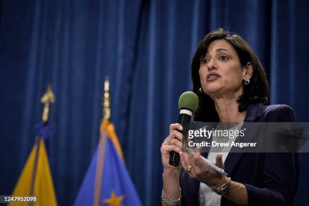 Director Rochelle Walensky speaks during a news conference at HHS headquarters March 9, 2023 in Washington, DC. Secretary of the Department of Health...