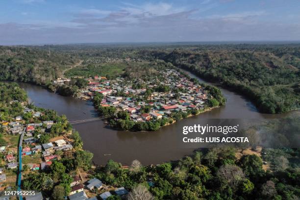 Aerial view of Yaviza town at Darien Province in Panama, on March 9, 2023. - Yaviza marks the site where the Pan-American highway is interrupted on...