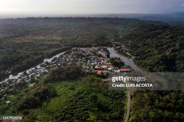 Aerial view of Yaviza town at Darien Province in Panama, on March 9, 2023. - Yaviza marks the site where the Pan-American highway is interrupted on...