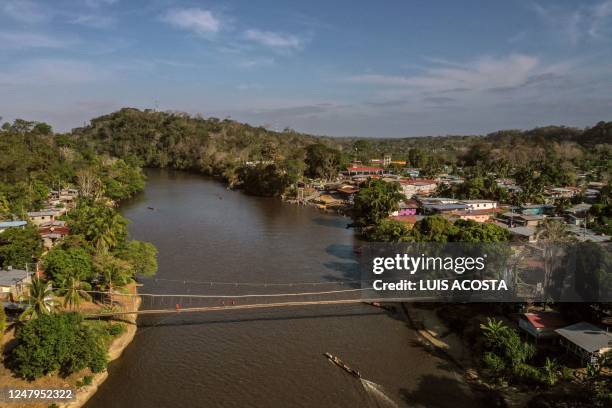 Aerial view of Yaviza town at Darien Province in Panama, on March 9, 2023. - Yaviza marks the site where the Pan-American highway is interrupted on...