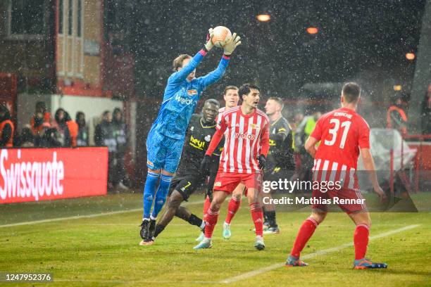 Frederik Roennow of 1 FC Union Berlin catches the ball during the Europa League match between 1 FC Union Berlin and St. Gilloise at Gilloise on March...