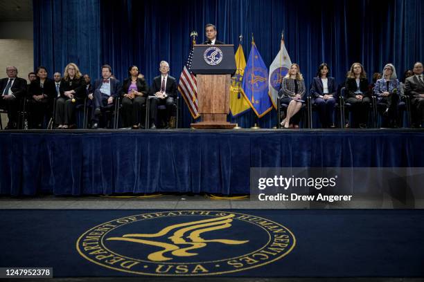 Secretary of the Department of Health and Human Services Xavier Becerra speaks during a news conference at HHS headquarters March 9, 2023 in...