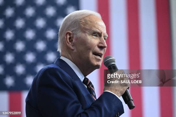 President Joe Biden speaks about his proposed Federal budget for the fiscal year 2024 at the Finishing Trades Institute in Philadelphia,...