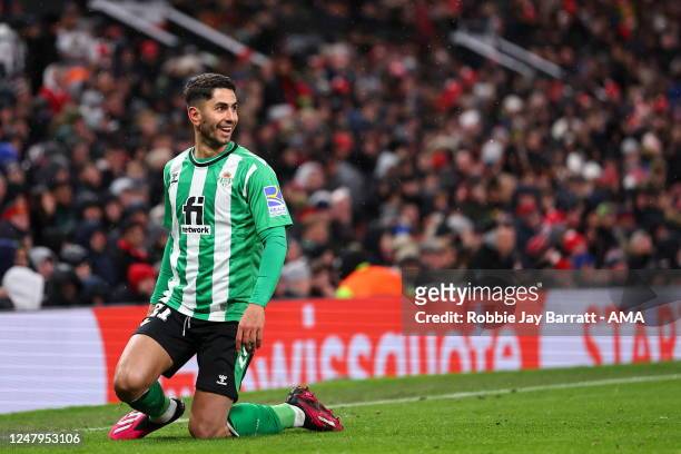 Ayoze Perez of Real Betis celebrates after scoring a goal to make it 1-1 during the UEFA Europa League round of 16 leg one match between Manchester...