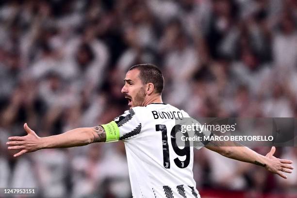 Juventus' Italian defender Leonardo Bonucci reacts during the UEFA Europa League round of 16 first leg football match between Juventus and SC...