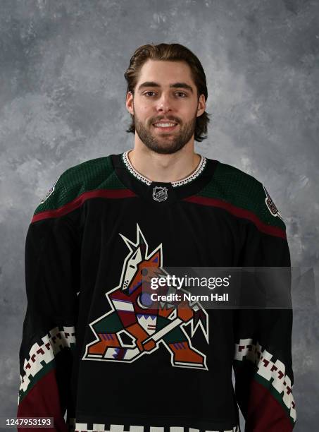 Connor Mackey of the Arizona Coyotes poses for his official headshot for the 2022-2023 season at Scottsdale Ice Den on March 09, 2023 in Tempe,...