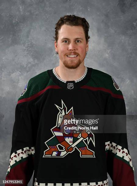 Brett Ritchie of the Arizona Coyotes poses for his official headshot for the 2022-2023 season at Scottsdale Ice Den on March 09, 2023 in Tempe,...