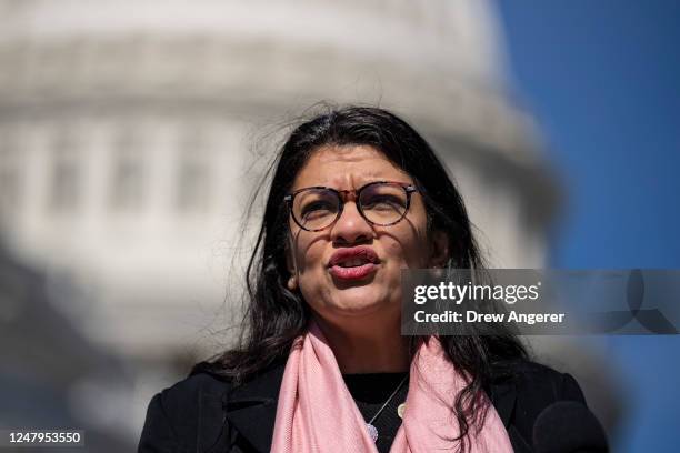 Rep. Rashida Tlaib speaks during a news conference about the Justice For All Act outside the U.S. Capitol March 9, 2023 in Washington, DC. The bill,...