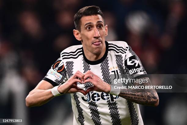 Juventus' Argentinian forward Angel Di Maria celebrates after opening the scoring during the UEFA Europa League round of 16 first leg football match...