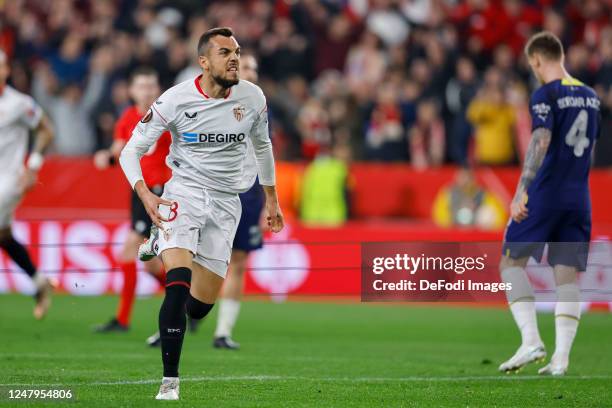 Joan Jordan of Sevilla FC celebrates after scoring his first goal during the UEFA Europa League round of 16 leg one match between Sevilla FC and...