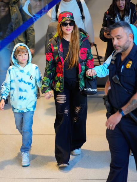 Sasha Pique Mebarak and Shakira are seen at JFK Airport on March 9, 2023 in New York City.