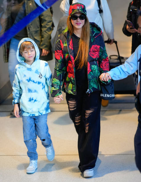 Sasha Pique Mebarak and Shakira are seen at JFK Airport on March 9, 2023 in New York City.