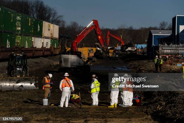 Ohio EPA and EPA contractors collect soil and air samples from the derailment site on March 9, 2023 in East Palestine, Ohio. Cleanup efforts continue...