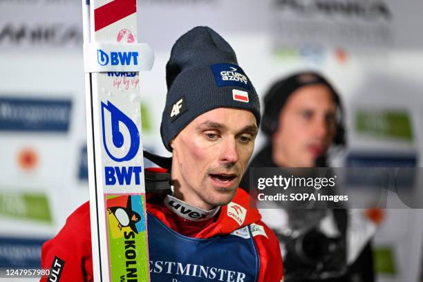 Piotr Zyla of Poland celebrates after winning the Men HS102 ski jumping competition at the Nordic World Championships in Planica.